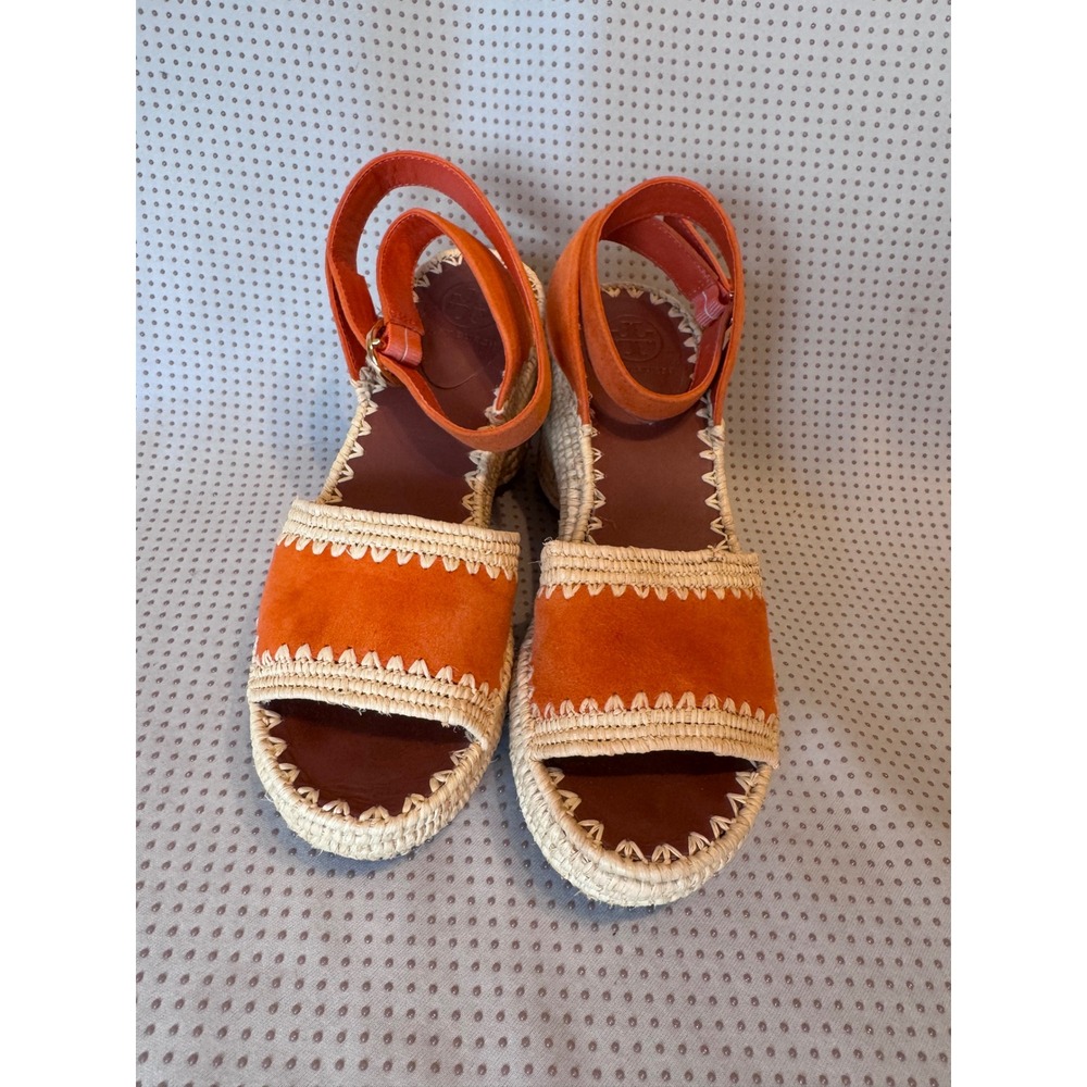 Tory Burch Orange Suede Espadrille Wedge Sandals 6.5 Whipstitch Ankle Strap - Picture 2 of 6